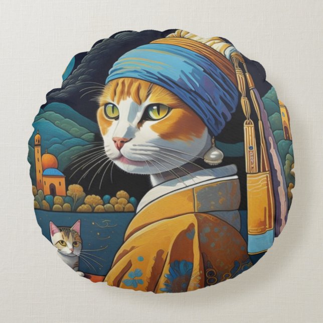 Kat art rond kussen (Voorkant)