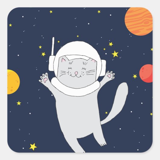 Kat Astronaut Animal met Space Helmet Clipart Bab Vierkante Sticker (Voorkant)