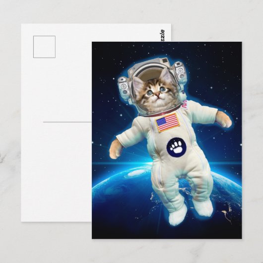 Kat-astronaut in de ruimte briefkaart (Voorkant / Achterkant)