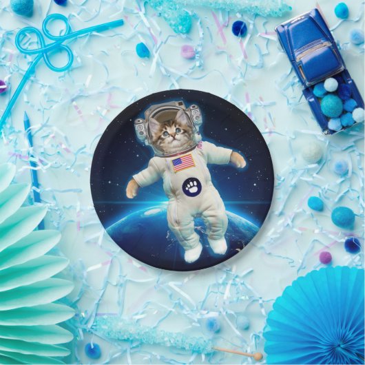 Kat-astronaut in de ruimte papieren bordje (Feest)