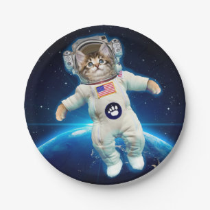 Kat-astronaut in de ruimte papieren bordje