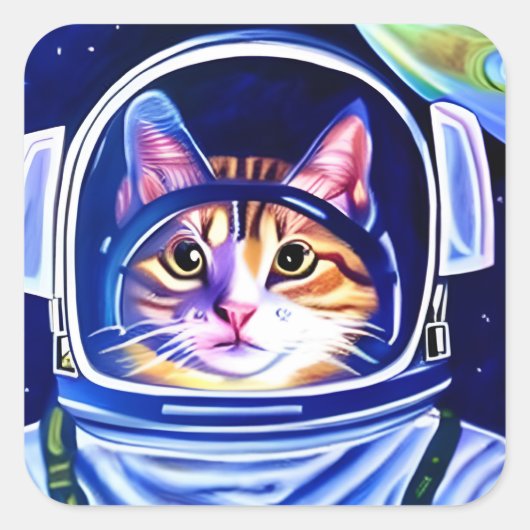 Kat Astronaut in de ruimte Vierkante Sticker (Voorkant)