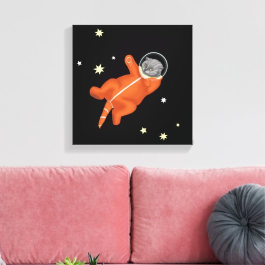 Kat-astronaut in een oranje ruimtevaarteenheid canvas afdruk (Insitu (Woonkamer))
