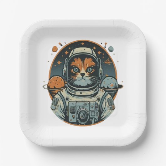 Kat-astronaut op asteroïden papieren bordje (Voorkant)