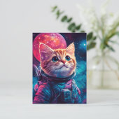 Kat astronaut roze ruimte briefkaart (Staand voorkant)