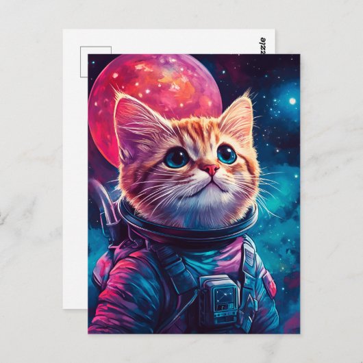 Kat astronaut roze ruimte briefkaart (Voorkant / Achterkant)