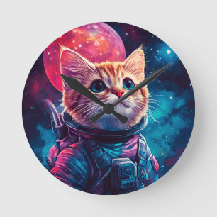 Kat astronaut roze ruimte ronde klok