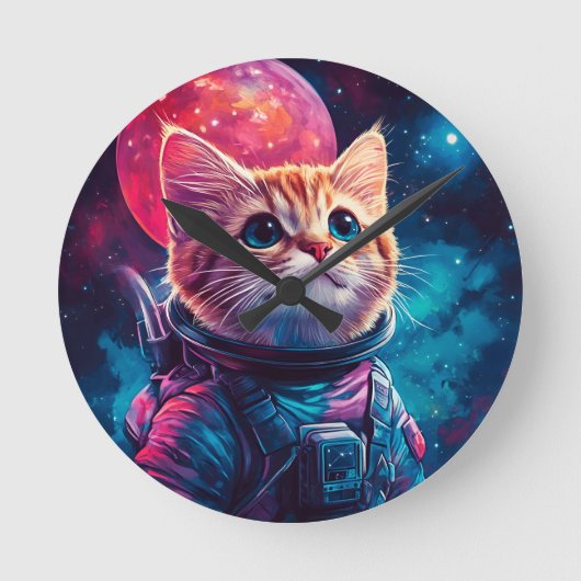 Kat astronaut roze ruimte ronde klok (Voorkant)