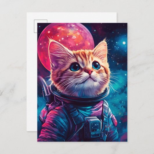Kat astronaut roze ruimte uitnodiging briefkaart (Voorkant / Achterkant)