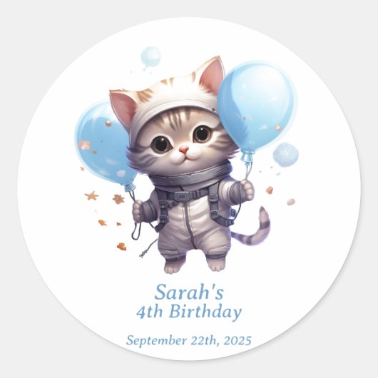Kat Astronaut voor Kinderen: Verjaardagsfeestje St Ronde Sticker (Voorkant)
