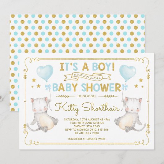 Kat Baby shower Kitten Cat Lover Blue Gold Kaart (Voorkant / Achterkant)