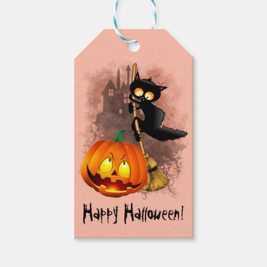 Kat Bang Door Pompoen Fun Halloween Karakter Cadeaulabel (Voorkant)