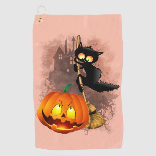 Kat Bang Door Pompoen Fun Halloween Karakter Golfhanddoek (Voorkant)