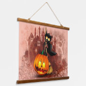 Kat Bang Door Pompoen Fun Halloween Karakter Hangend Wandkleed (Gebogen)