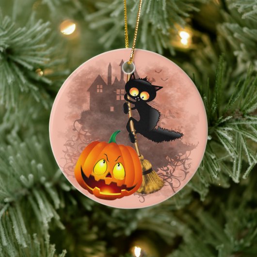 Kat Bang Door Pompoen Fun Halloween Karakter Keramisch Ornament (Boom)