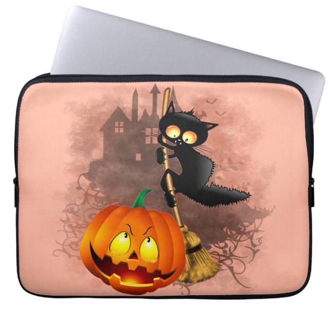 Kat Bang Door Pompoen Fun Halloween Karakter Laptop Sleeve (Voorkant)