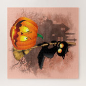 Kat Bang Door Pompoen Fun Halloween Karakter Legpuzzel (Horizontaal)