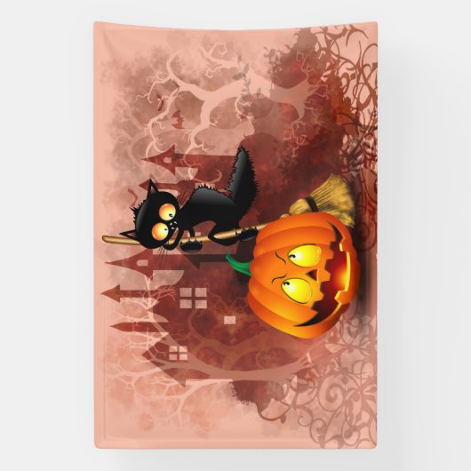 Kat Bang Door Pompoen Fun Halloween Karakter Spandoek (Verticaal)