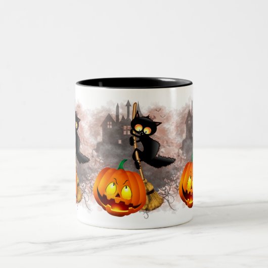 Kat Bang Door Pompoen Fun Halloween Karakter Tweekleurige Koffiemok (Center)