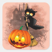Kat Bang Door Pompoen Fun Halloween Karakter Vierkante Sticker (Voorkant)