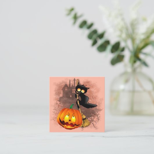 Kat Bang Door Pompoen Fun Halloween Karakter Vierkante Visitekaartje (Staand voorkant)