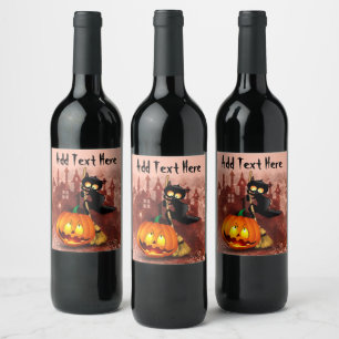 Kat Bang Door Pompoen Fun Halloween Karakter Wijn Etiket