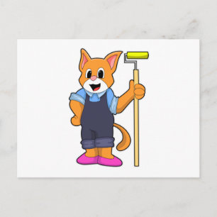 Kat bij behangen met drukroller briefkaart