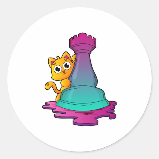 Kat bij Chess met Chess-stuk Rook Ronde Sticker (Voorkant)