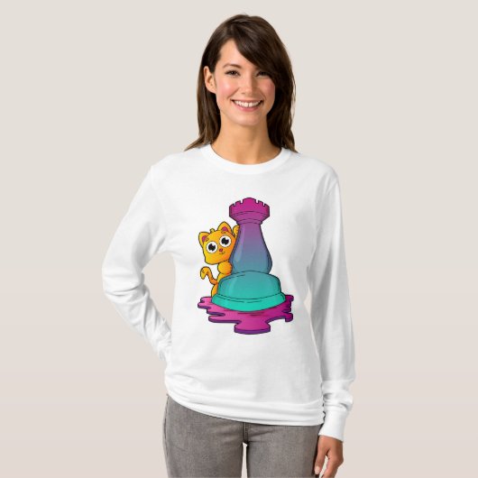 Kat bij Chess met Chess-stuk Rook T-shirt (Voorkant volledig)