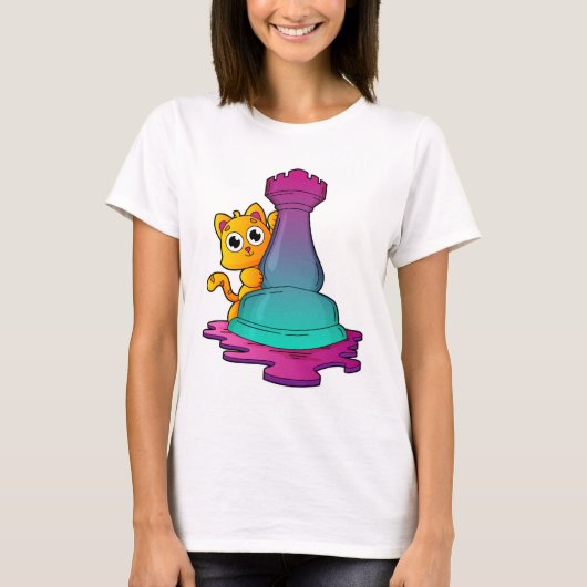 Kat bij Chess met Chess-stuk Rook T-shirt (Voorkant)