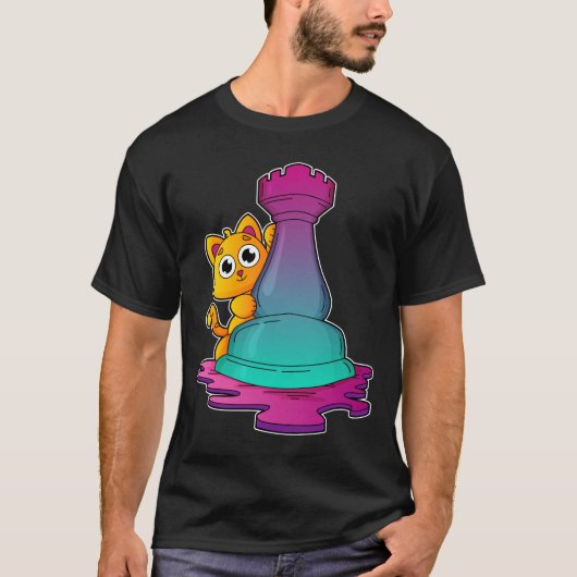 Kat bij Chess met Chess-stuk Rook T-shirt (Voorkant)