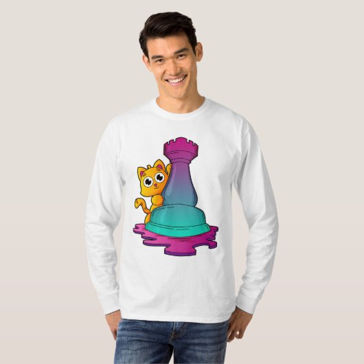 Kat bij Chess met Chess-stuk Rook T-shirt (Voorkant volledig)