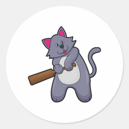 Kat bij Cricket met cricket bat Ronde Sticker (Voorkant)