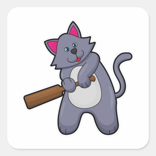 Kat bij Cricket met cricket bat Vierkante Sticker (Voorkant)