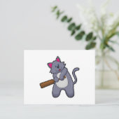 Kat bij cricket met cricketbat briefkaart (Staand voorkant)