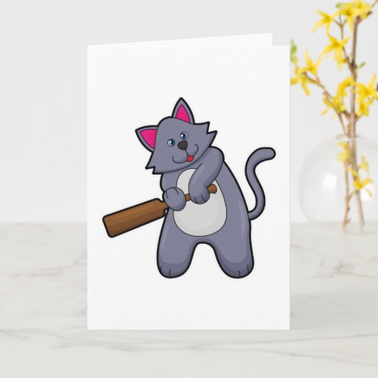 Kat bij Cricket met cricketbat Kaart (Gele Bloem)