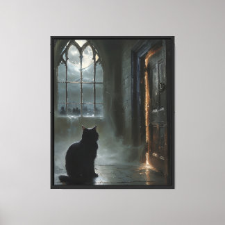 Kat bij het gotische raam canvas afdruk