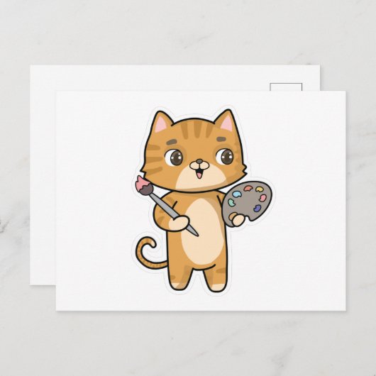 Kat bij het Schilderen met Kleur & Borstel Briefkaart (Voorkant / Achterkant)