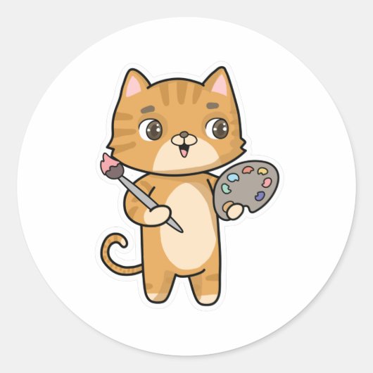 Kat bij het Schilderen met Kleur & Borstel Ronde Sticker (Voorkant)
