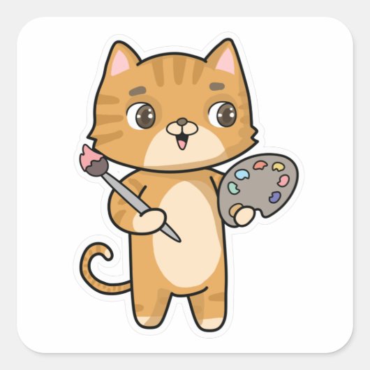 Kat bij het Schilderen met Kleur & Borstel Vierkante Sticker (Voorkant)
