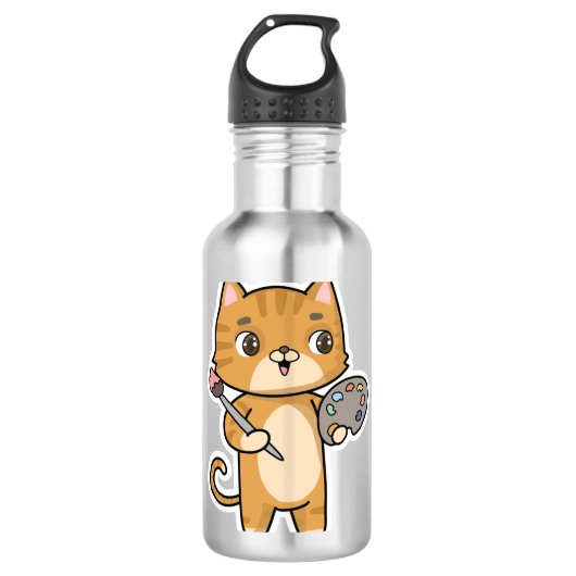 Kat bij het Schilderen met Kleur & Borstel Waterfles (Voorkant)