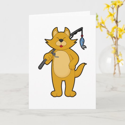Kat bij het vissen met hengel & Vis Kaart (Gele Bloem)