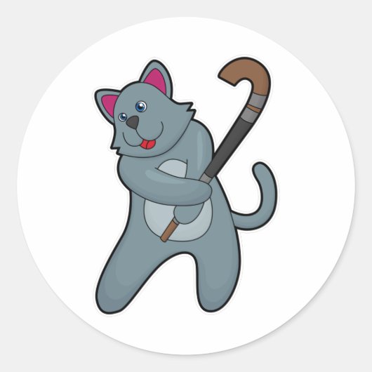 Kat bij Hockey met Hockey stick Ronde Sticker (Voorkant)