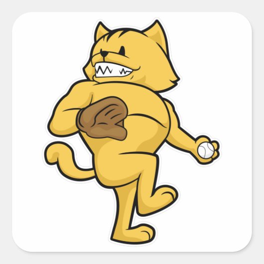 Kat bij honkbal met vanghandschoen vierkante sticker (Voorkant)