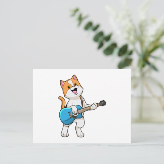 Kat bij muziek met gitaar briefkaart (Staand voorkant)