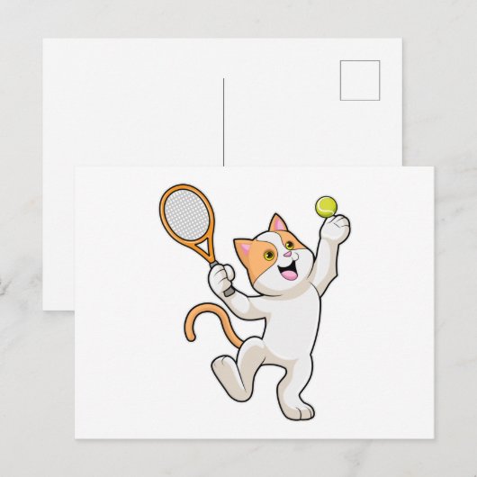 Kat bij tennis met tennisracket briefkaart (Voorkant / Achterkant)