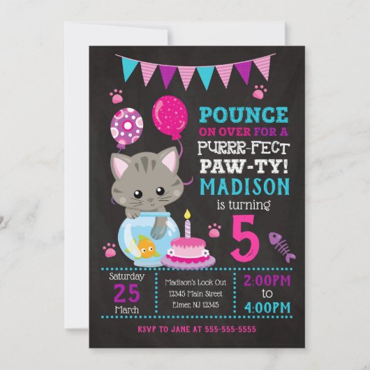 Kat Birthday Invitation / Girl Kitten Party Kaart (Voorkant)