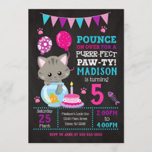 Kat Birthday Invitation / Girl Kitten Party Kaart