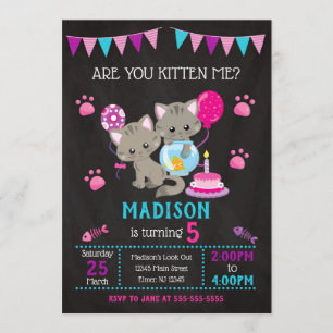 Kat Birthday Invitation / Girl Kitten Party Kaart