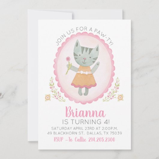 Kat Birthday Party Invitation Kaart (Voorkant)